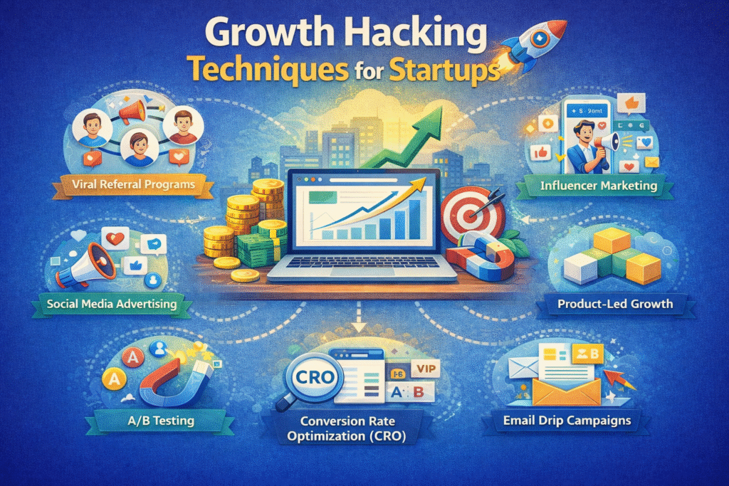 Create an image of growth hacking techniques for startup blog